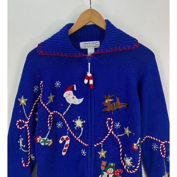 2004 Carly St. Claire Ugly Christmas Sweater Santa Reindeer Size M - Picture 2 of 6